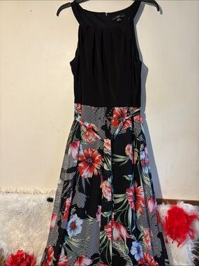 R&K Black Maxi Dress with Red & Green Floral Skirt